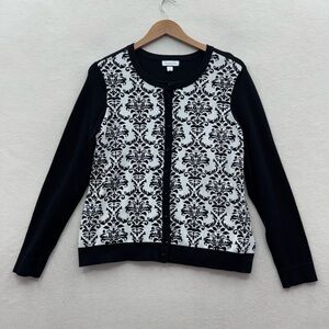 Charter Club Women’s Large Damask Print Black Jewel Cardigan Black White Stretch